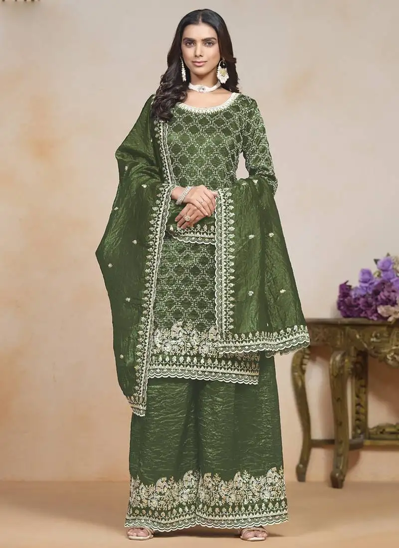 Mahendi silk embroidered designer palazzo suit semi stitched