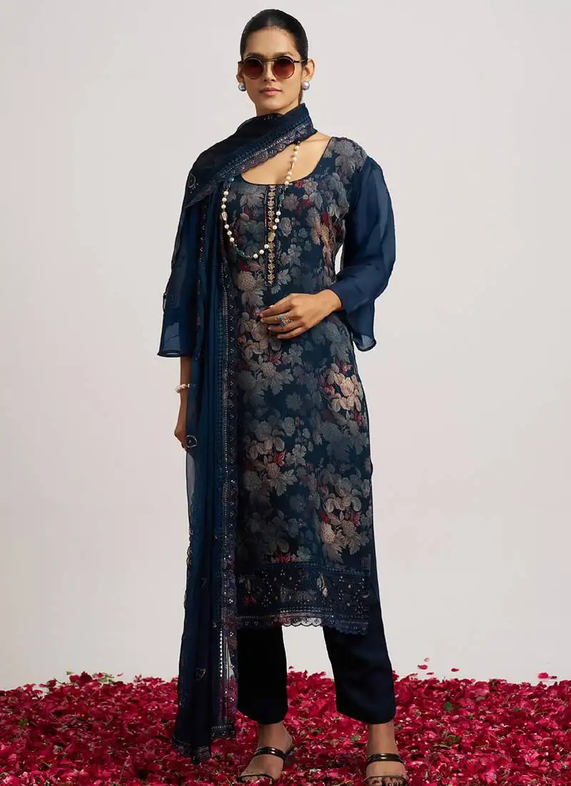 Navy blueorganza block print straight salwar suit stitched