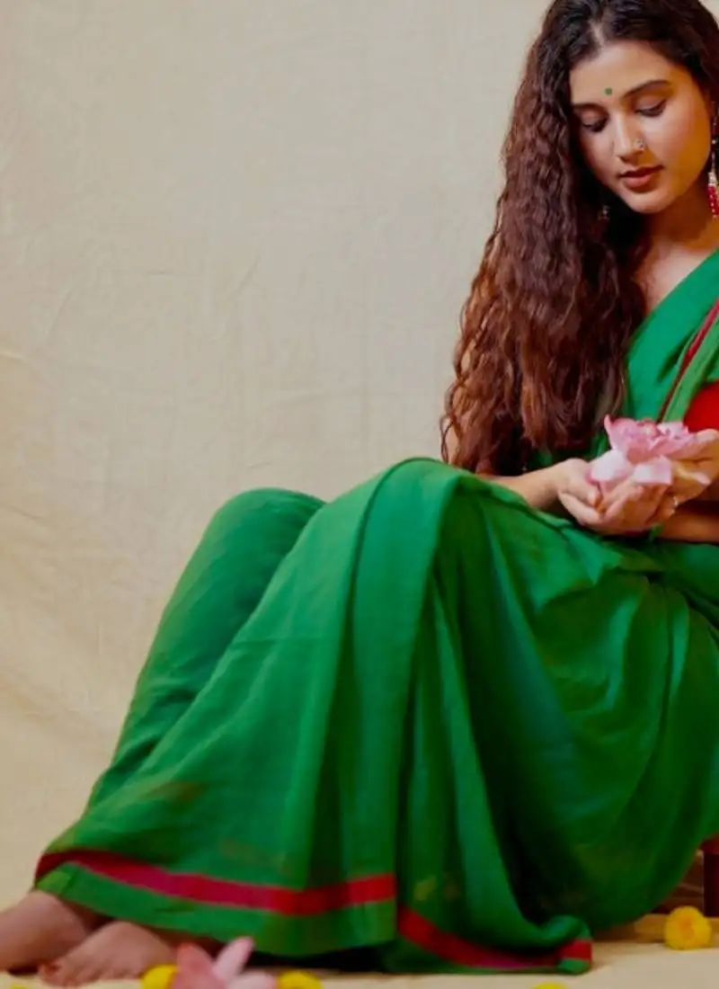 parrot & pink mul cotton saree