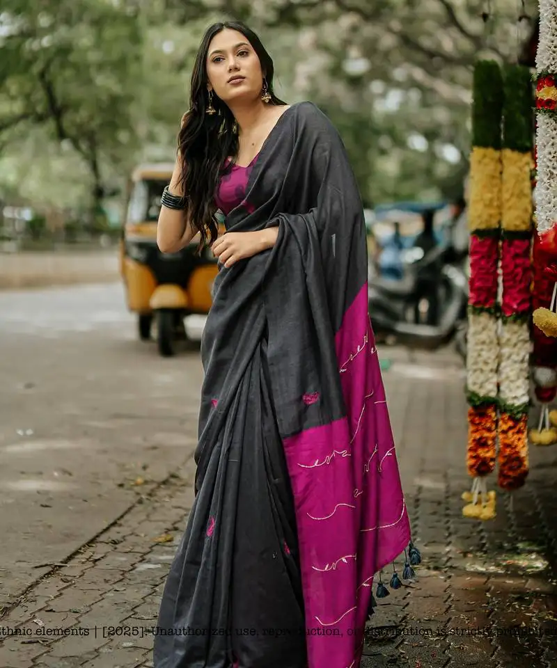 Grey mul cotton kardana hand embroidered saree