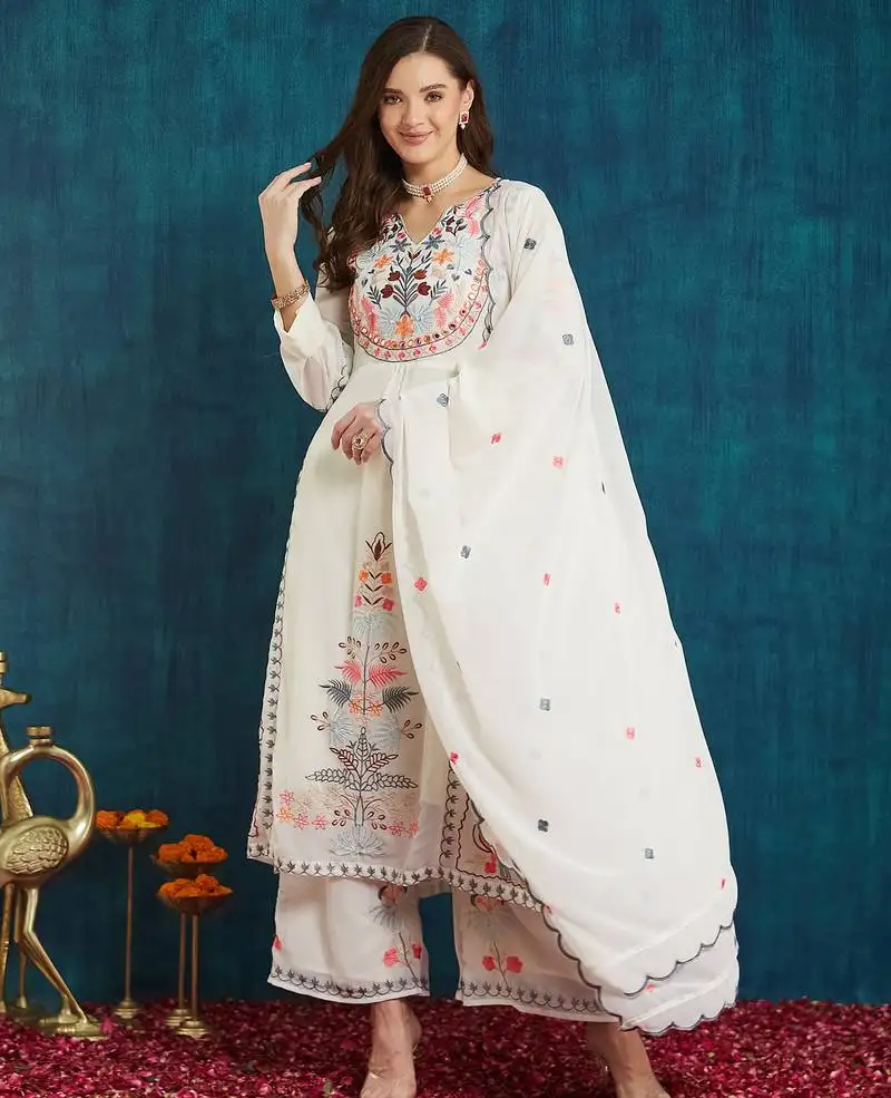 Off-white embroidered georgette resham embroidery kurta-sets
