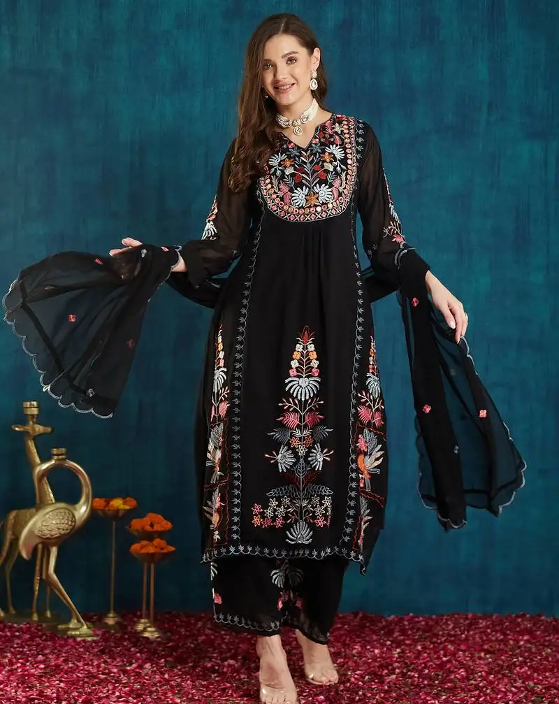 Black embroidered georgette resham embroidery kurta-sets