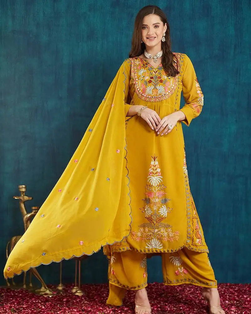 Mustard embroidered georgette resham embroidery kurta-sets