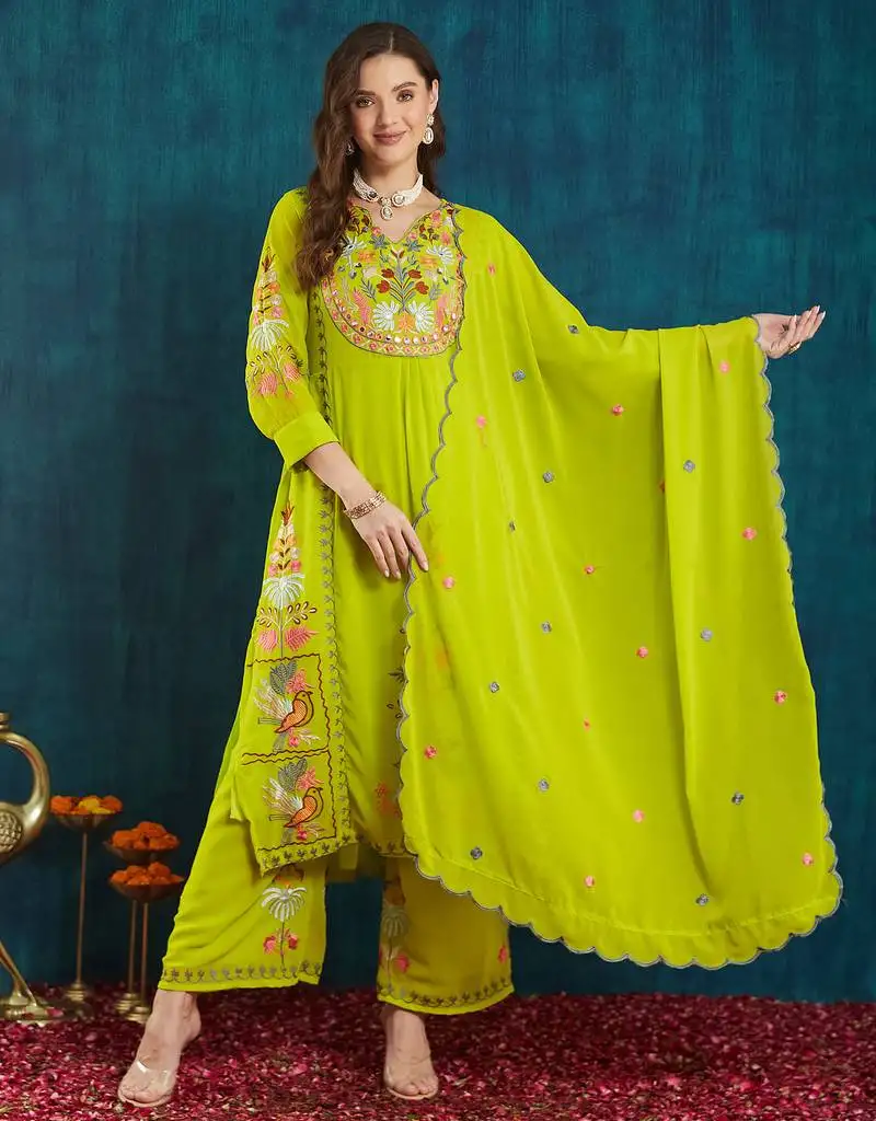 Light-green embroidered georgette resham embroidery kurta-sets
