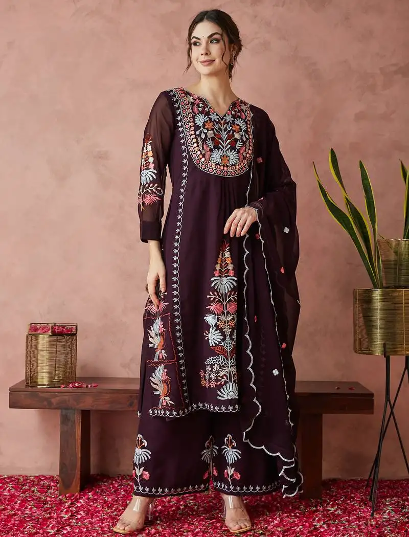 Light-wine embroidered georgette resham embroidery kurta-sets