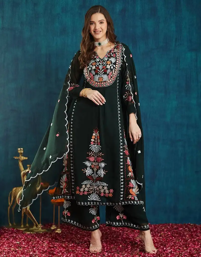Dark-green embroidered georgette resham embroidery kurta-sets