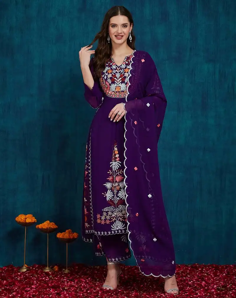 Purple embroidered georgette resham embroidery kurta-sets