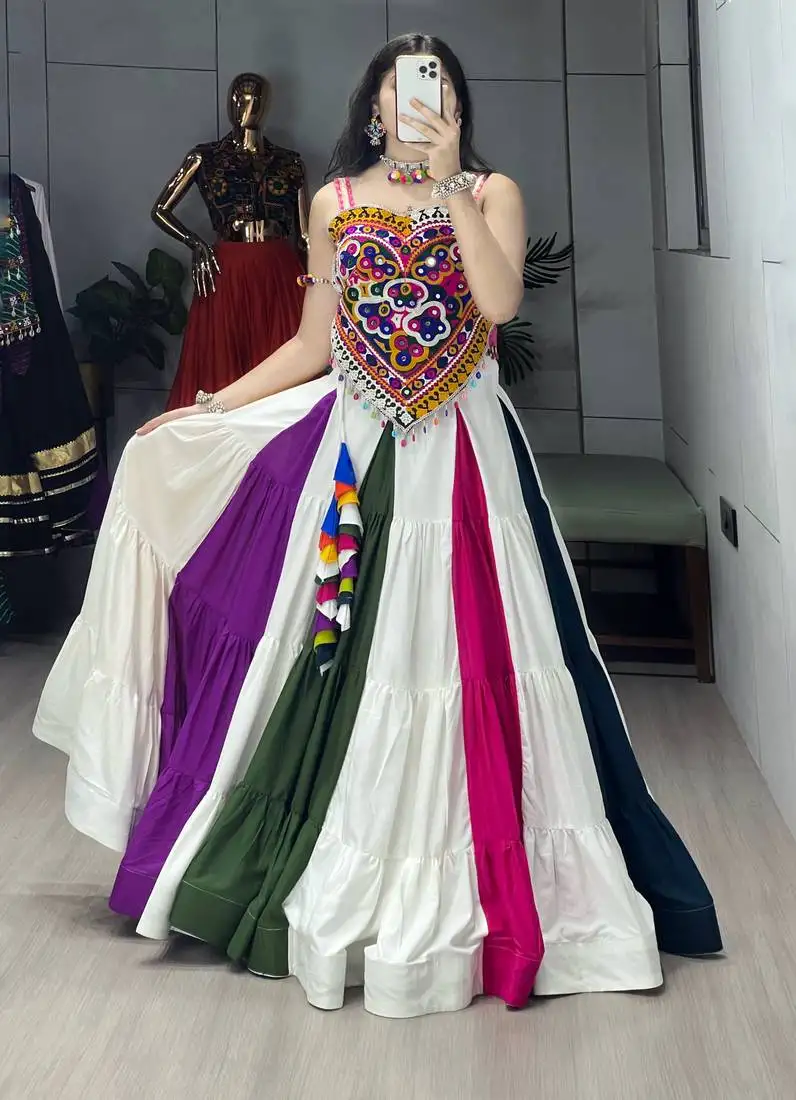 Multicolor frilled pattern navratri lehenga choli with fully stitched blouse