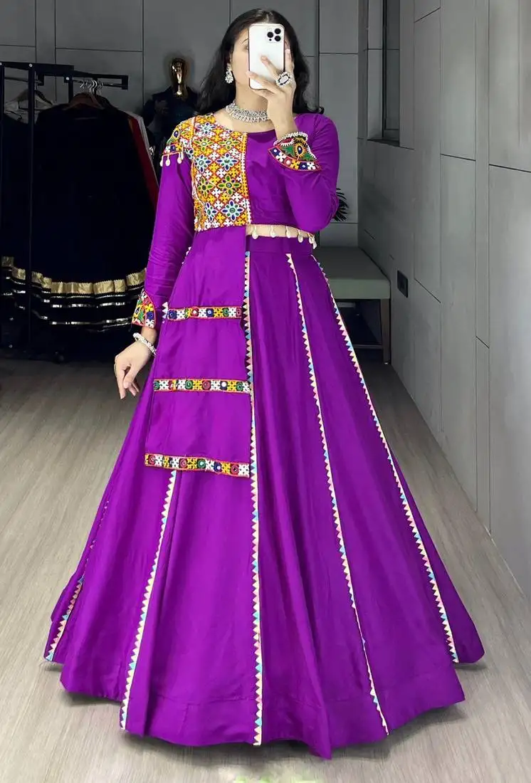 Purple triangle lace navratri lehenga choli with fully stitched blouse