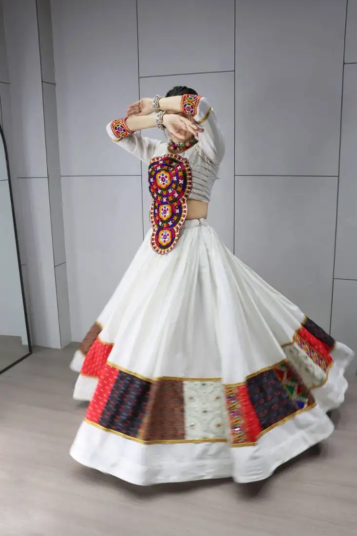 White multi designs prints with real mirror and navratri lehenga choli with fully stitched blouse