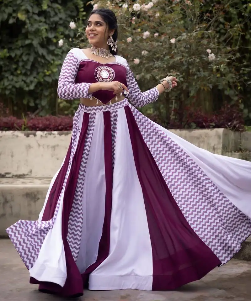 Maroon & white navratri lehenga choli with chevron sleeves & mirror work