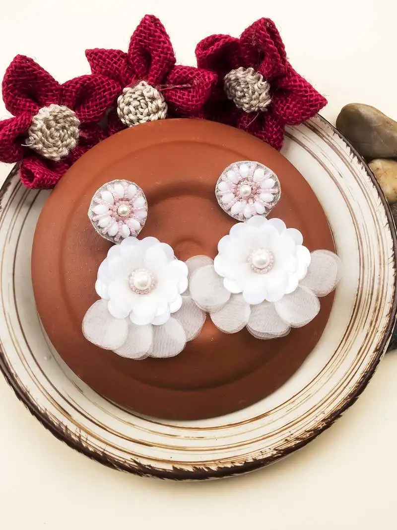 Handmade pink flower pearl earrings