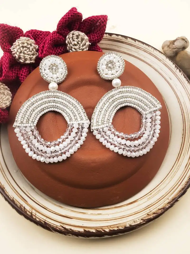 Handmade white half moon pearl earrings