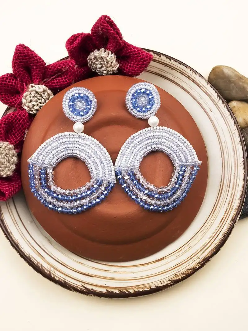 Handmade blue half moon pearl earrings