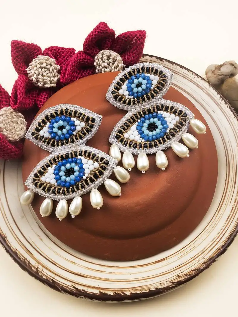 Handmade evil eye pearl drop earrings