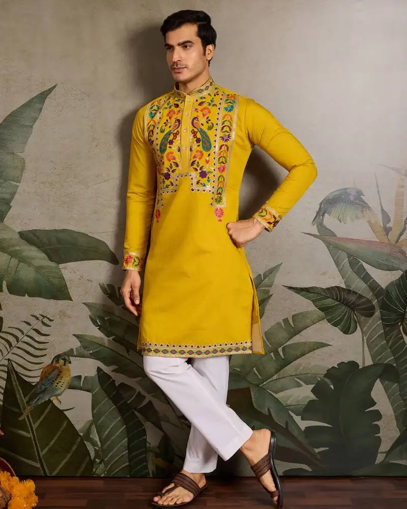 Yellow viscose silk thead with sequins embroidered work wedding function navratri festival party wear straight kurta