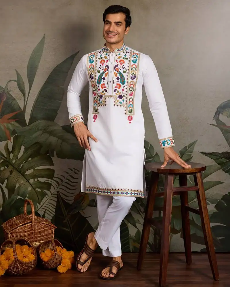 White viscose silk thead with sequins embroidered work wedding function navratri festival party wear straight kurta