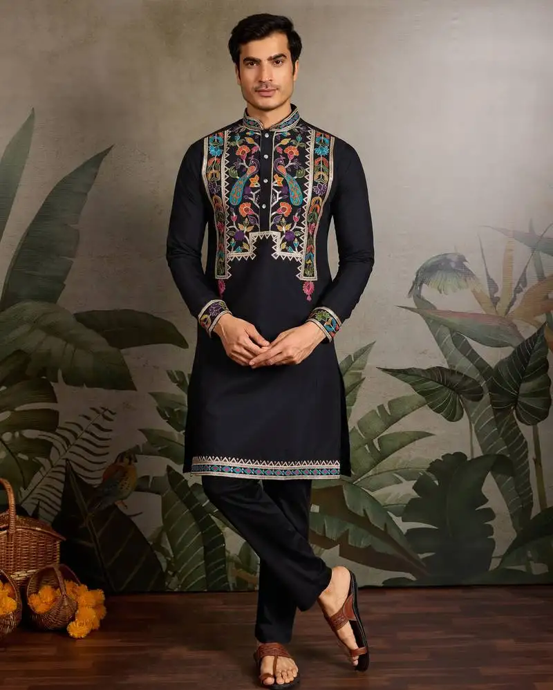 Black viscose silk thead with sequins embroidered work wedding function navratri festival party wear straight kurta