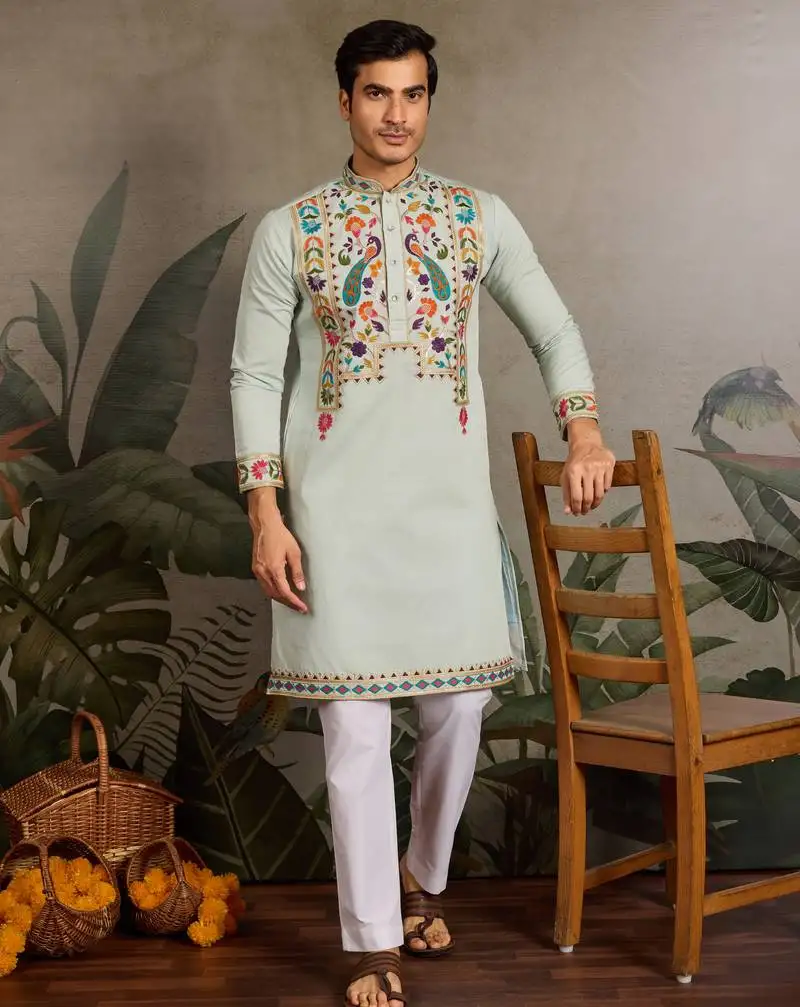 Pista green viscose silk thead & sequins embroidered work wedding function navratri festival party wear straight kurta