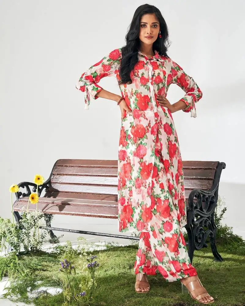 Red rose poly chiffon floral printed co-ord set for women