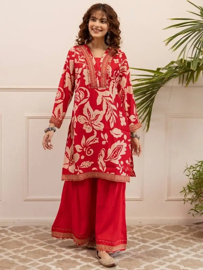 Kabool tulip red printed cotton kurta sets