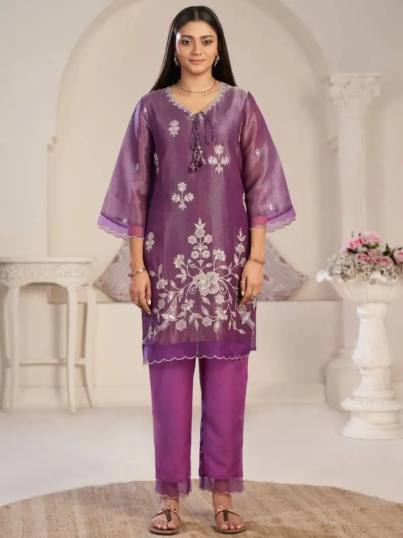Anumeha plum purple embroidered chiffon kurta sets