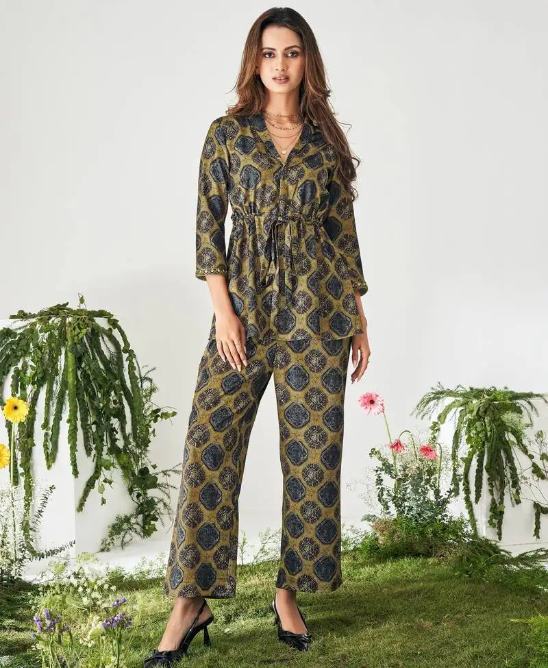 Brown modal satin printed co-ord set for women