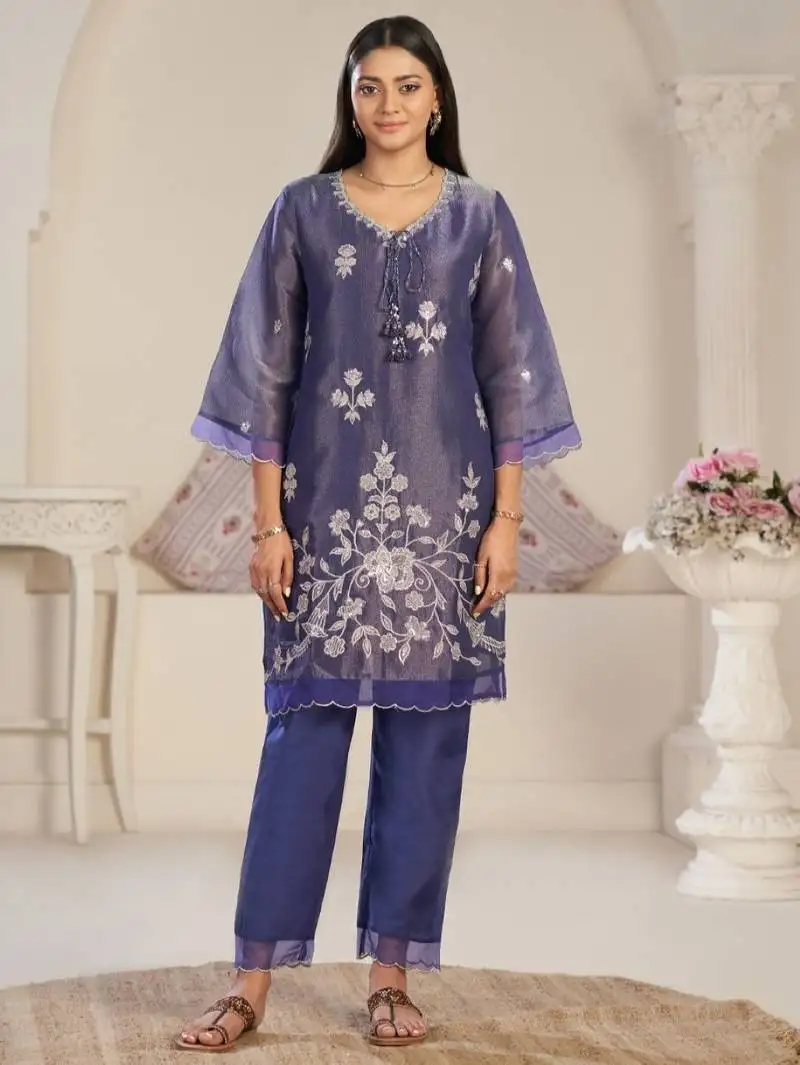 Anumeha thistle blue embroidered chiffon kurta sets