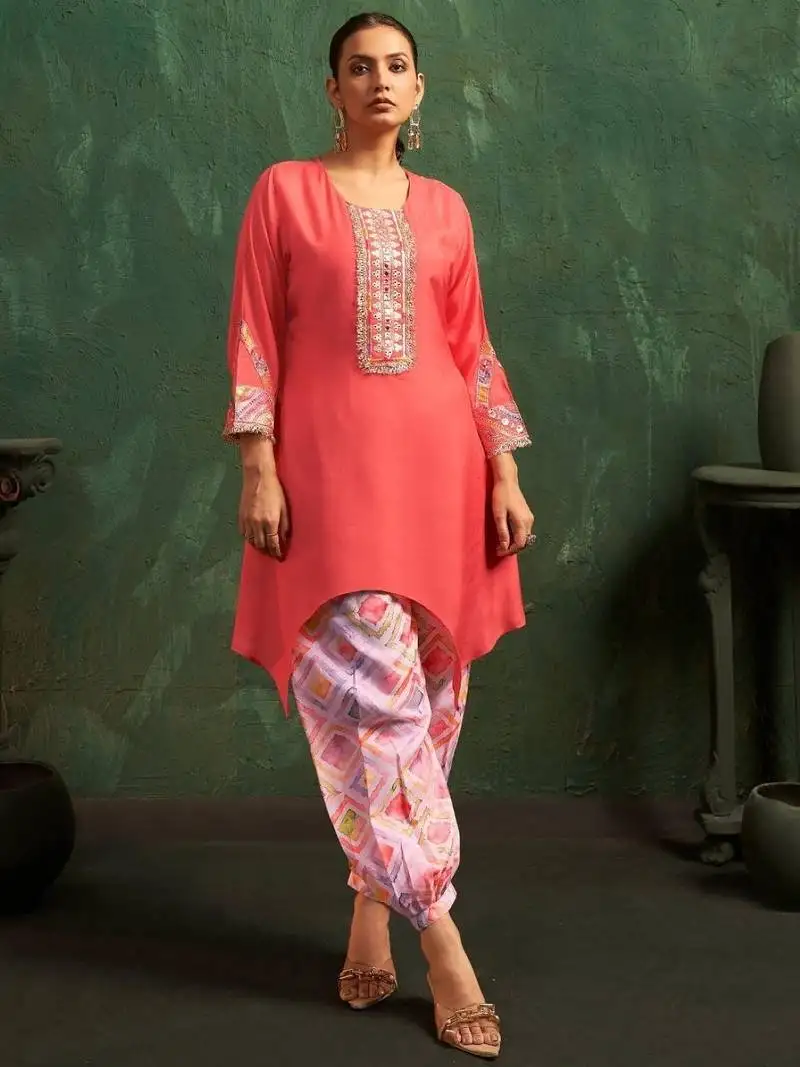 Ira poppy salmon plain blended kurta sets