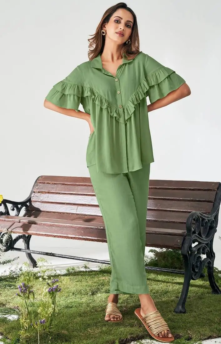 Olive green viscose rayon slub solid co-ord set for women