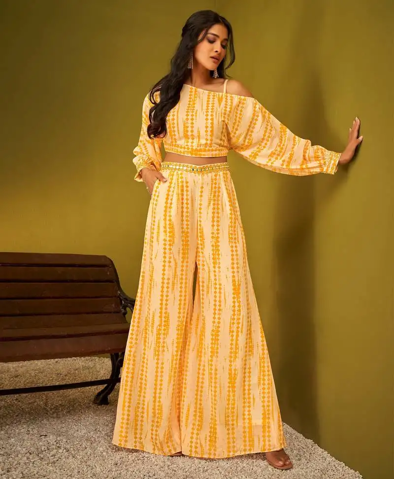 Orange georgette shibori printed off-shoulder co-ord set for women