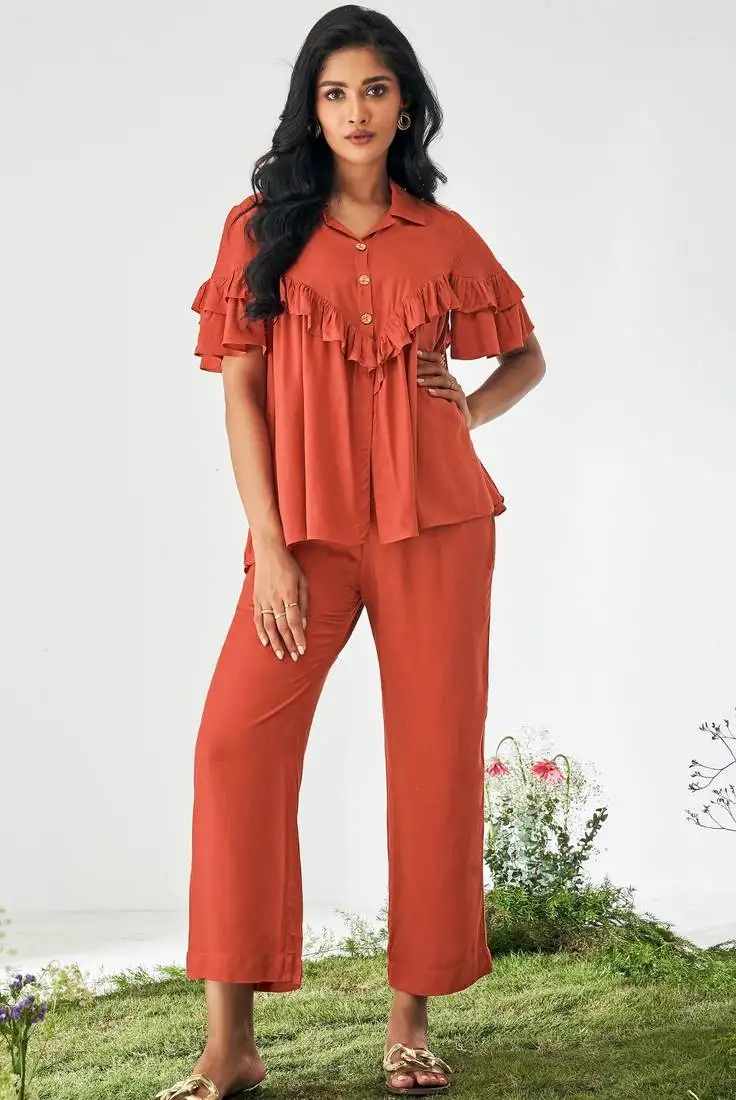 Orange viscose rayon slub solid ruffle top co-ord set for women