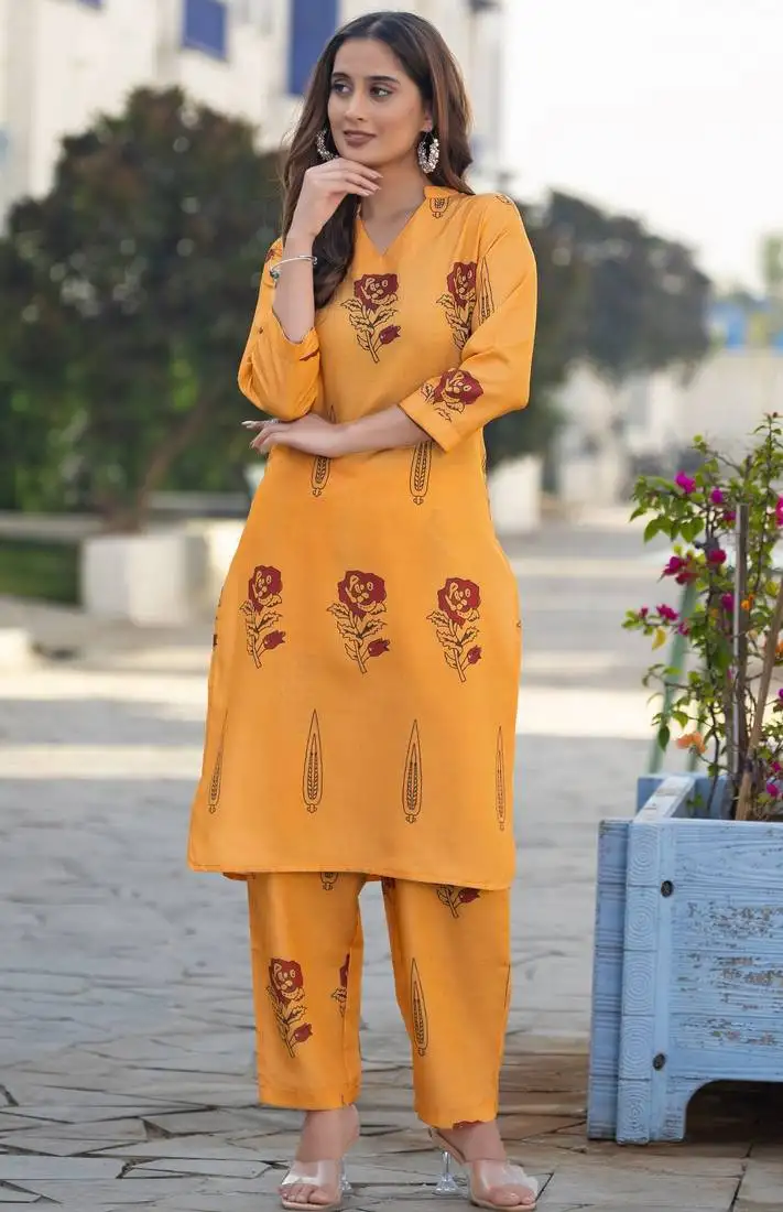 Orange cotton blend printed co-ord set for women