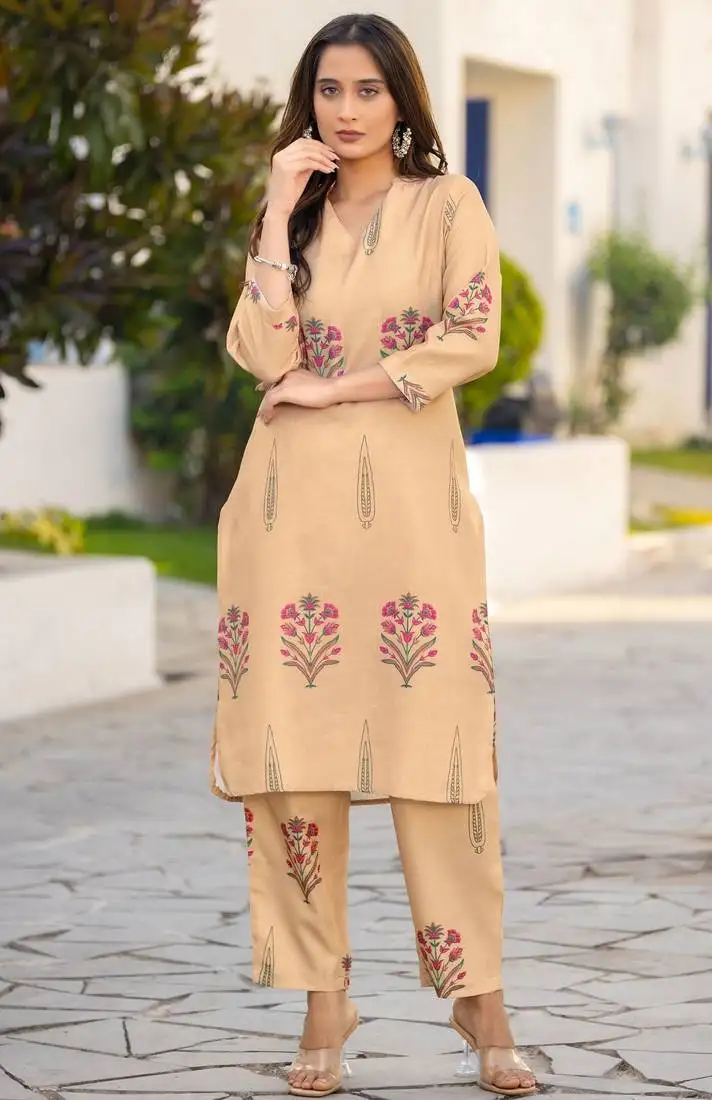 Brown cotton blend printed co-ord set for women
