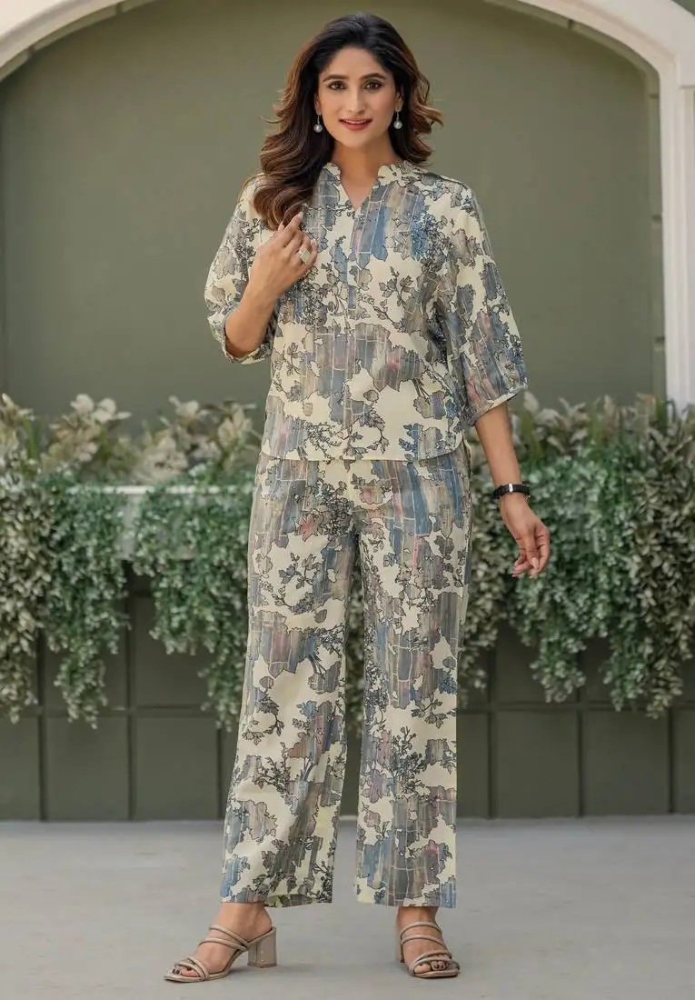 Multi & grey viscose rayon printed co-ord set for women