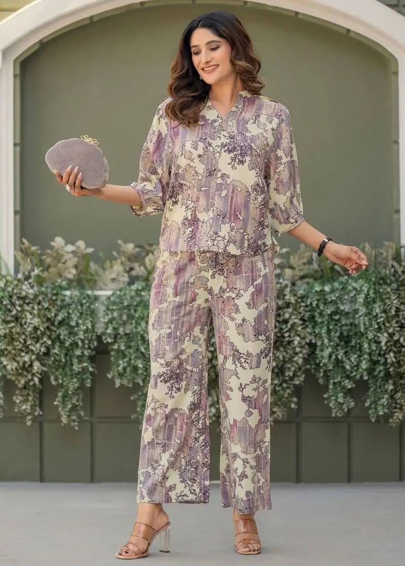 Multi & rust viscose rayon printed co-ord set for women