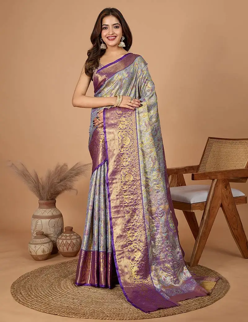 Blue art silk saree with all over zari weave