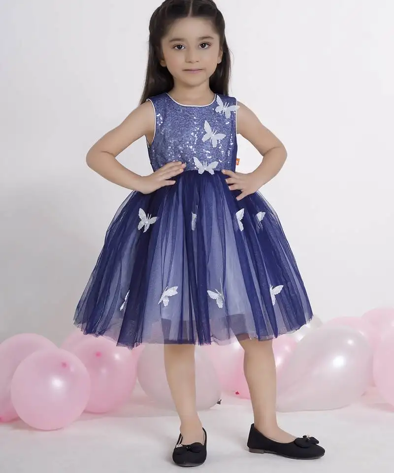 Navy blue embellished net sleeveless party frock for kids
