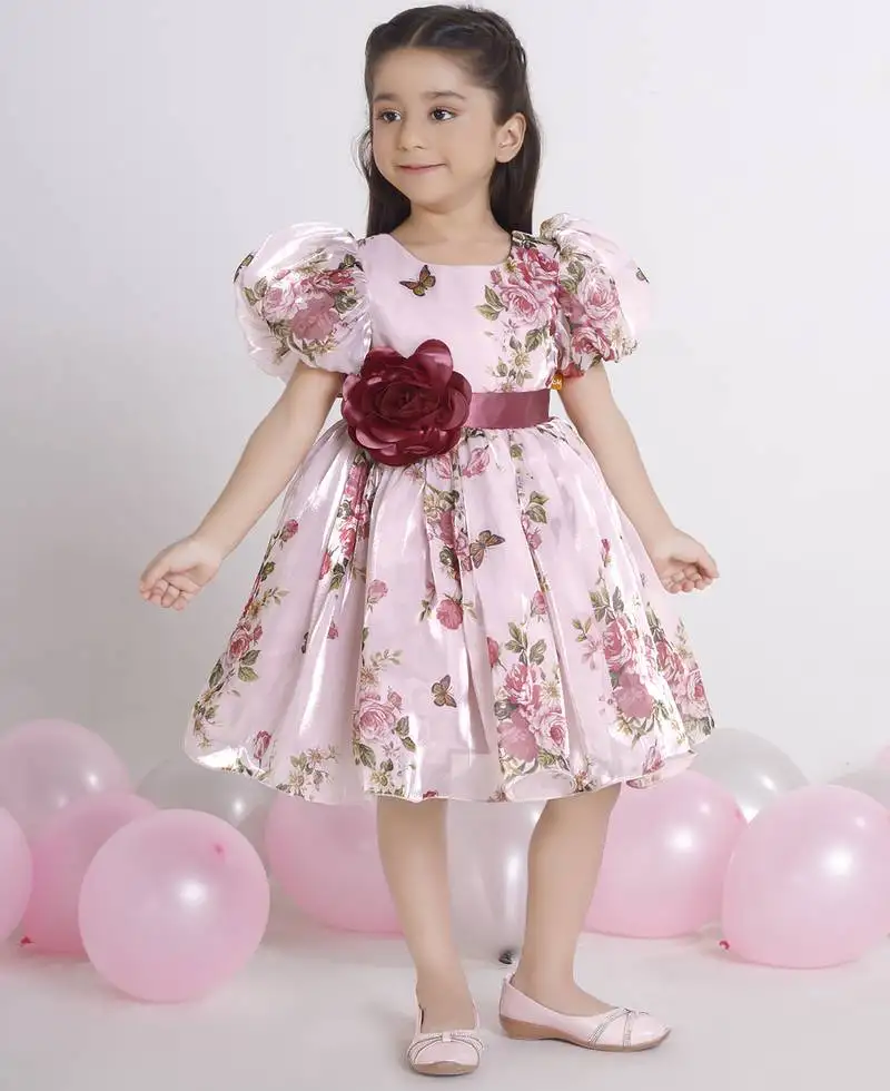 Peach digital floral printed organza short sleeve party frock for kids