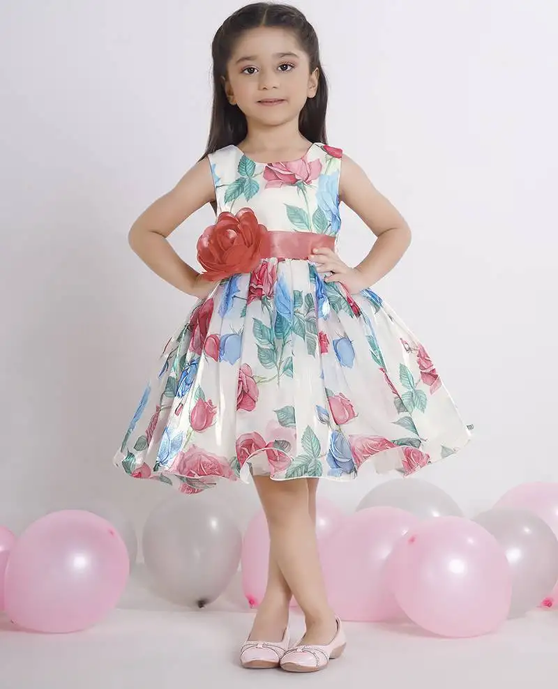 Off white digital floral printed organza sleeveless party frock for kids
