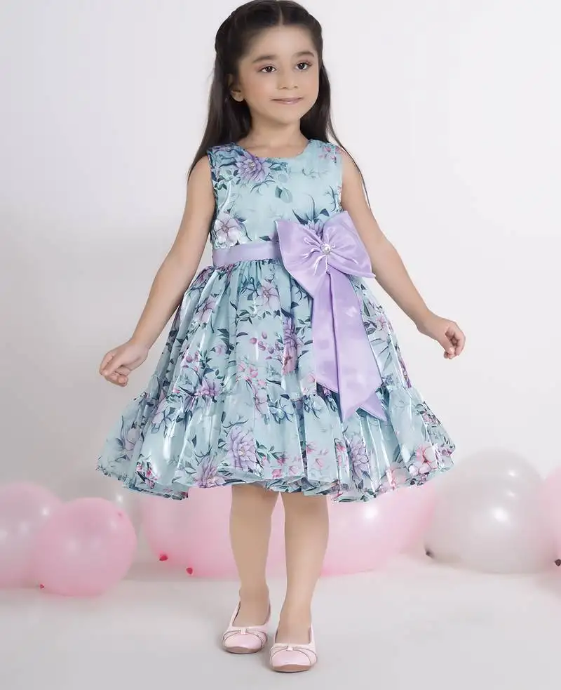 Sea blue digital floral printed organza sleeveless party frock for kids