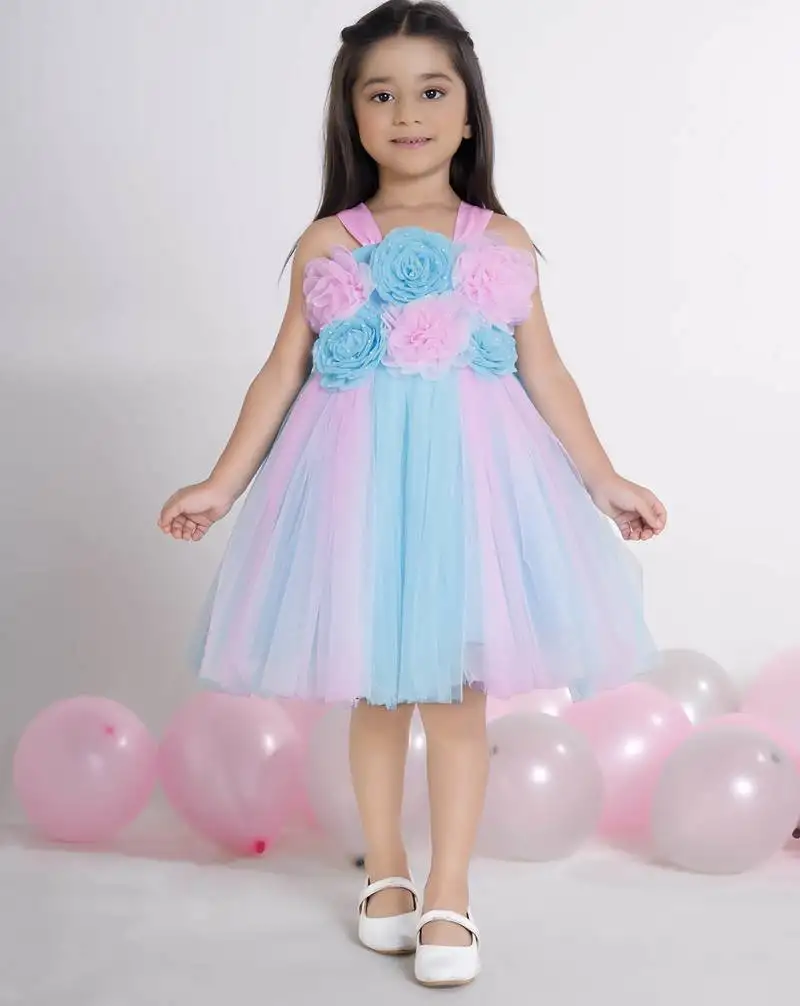 Blue 3d floral applique solid sleeveless net party frock for kids