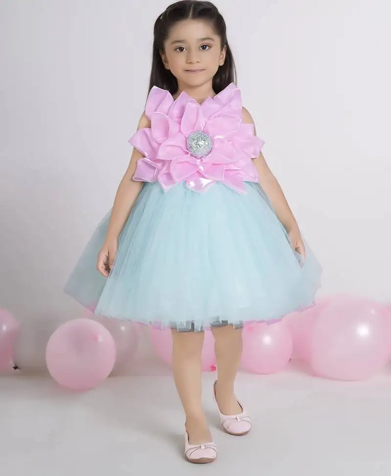 Sea green 3d floral applique sleeveless net party frock for kids