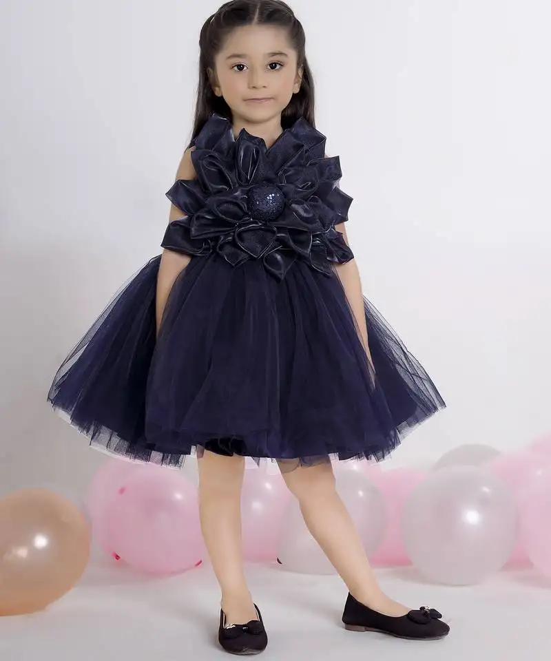 Navy blue 3d floral applique sleeveless net party frock for kids