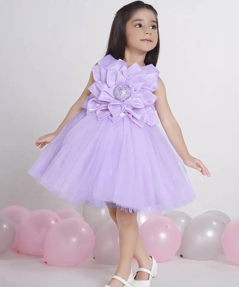 Purple lilac 3d floral applique sleeveless net party frock for kids