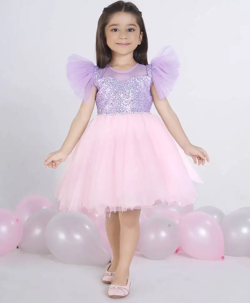 Purple lilac sequence solid sleeveless net party frock for kids
