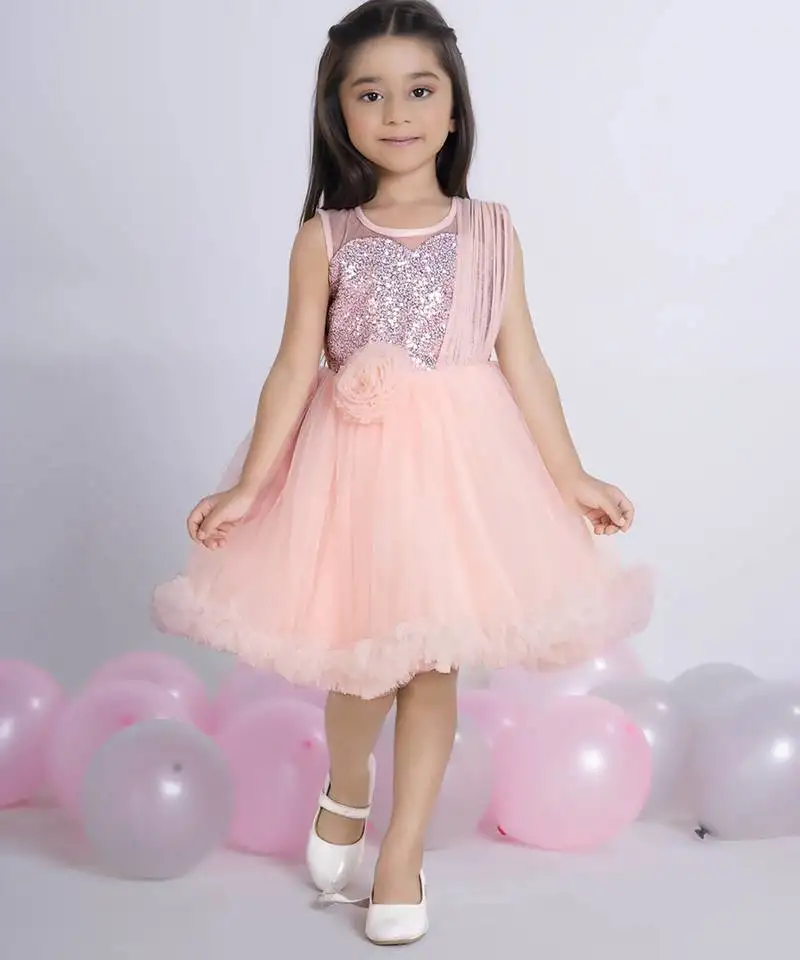 Peach embellished sleeveless net party frock for kids