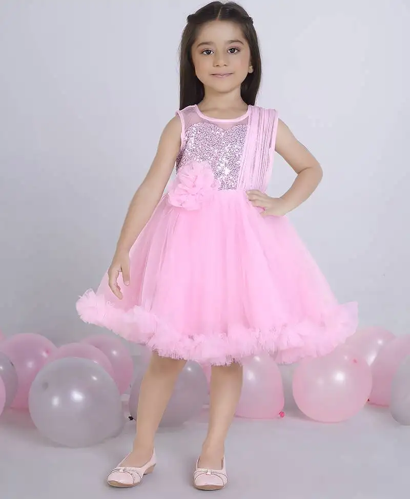 Pink embellished sleeveless net party frock for kids