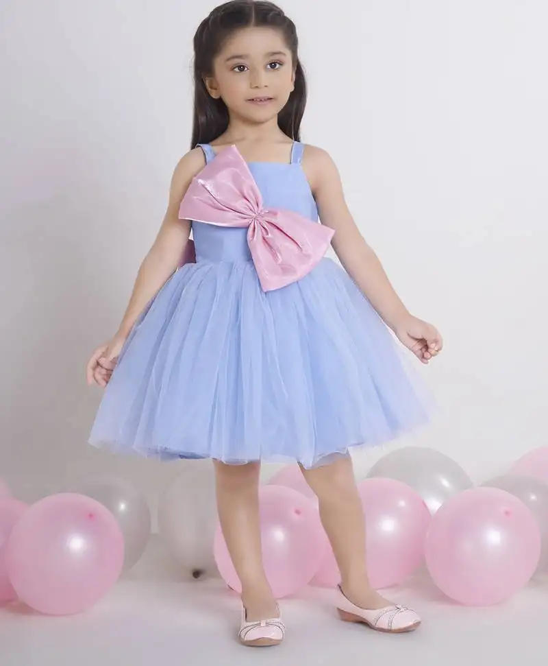 Blue bow applique sleeveless net party frock for kids