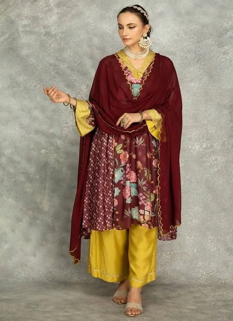 Wine cotton silk printed buti kurta set with scalloping dupatta